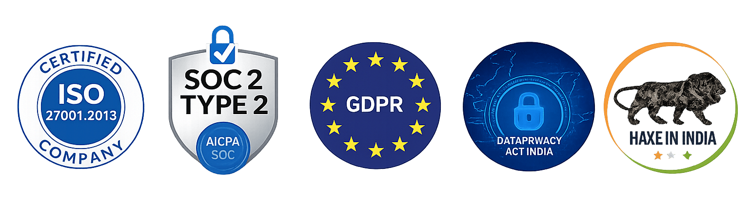 Certifications: ISO 27001, SOC 2 Type 2, GDPR, India data privacy, and Make in India